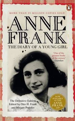 World War 2 books for middle school like, The Diary of a Young Girl Anne Frank book cover with black and white photo of Anne Frank