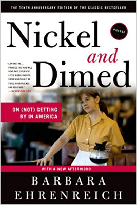 American reading list, Books Set In Minnesota, Nickel and Dime by Barbara Ehrenreich, Book Cover with brunette woman waitress holding a coffee pot