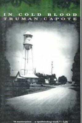 U.S. Books set in Kansas, In Cold Blood By Truman Capote, book cover with black and white picture of a road, buildings, and water tower