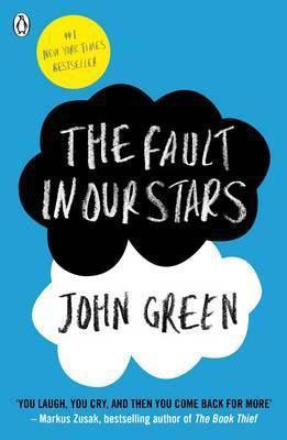 The Fault In Our Stars by John Green book cover with white and green clouds filled with title on blue background