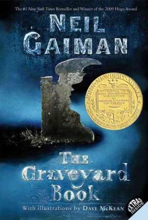 The Graveyard Book by Neil Gaiman book cover with stone with ghost like vaper against blue and black sky