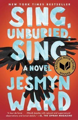 Book set in Mississippi, Sing Unburied Sing by Jesmyn Ward, redish-orange book cover with black bird