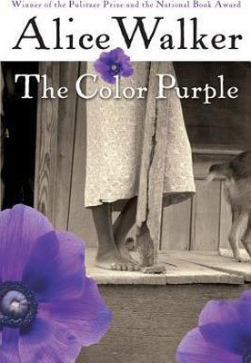 Modern southern literature The Color Purple by Alice Walker book cover with purple flowers bottom half of woman in dress
