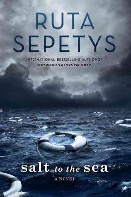 YA World War 2 books like Salt to the Sea Ruta Sepetys book cover with dark blue and black sea and floating life preserver