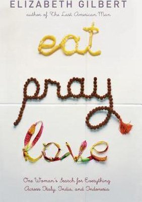 Nonfiction books set in Indonesia including, Eat Pray Love by Elizabeth Gilbert book cover with writing spelled out in pasta, prayer beads and flowers