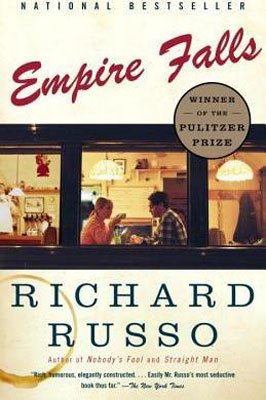 50 States Books set in Maine, Empire Falls by Richard Russo, book cover with boy and girl sitting across from each other in a dinner