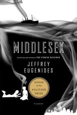 United States reading list, Books Set in Michigan, Middlesex by Jeffrey Eugenides, book cover with city, boat on water, and two people sitting and laying on the ground