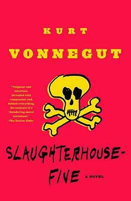 Slaughterhouse Five by Kurt Vonnegut book cover with yellow skull on red background
