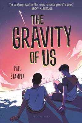 Books Set In Texas, The Gravity of Us by Phil Stamper, book cover with two boys sitting on the road looking out at NASA