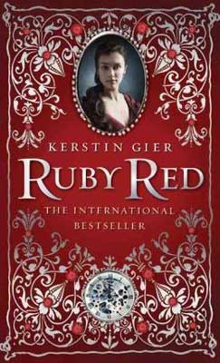 YA Time Travel Books Ruby Red by Kerstin Gier book cover with jewels and portrait of a woman from the 18 century England on red background