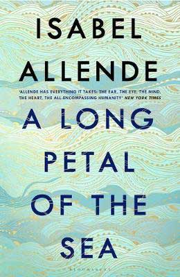 A Long Petal of the Sea by Isabel Allende turquoise and gold patterned book cover