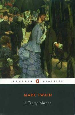 A Tramp Abroad Mark Twain Penguin Classics book cover with man in a top hat and lady in a large blue dress