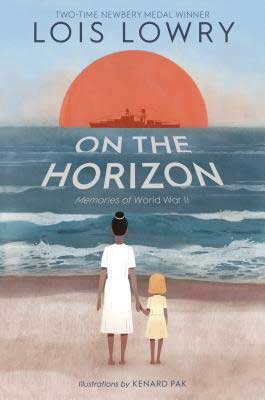 U.S. Books set in Hawaii, On The Horizon by Lois Lowry, book cover with young woman holding a little girl's hand and looking out to the red horizon over the ocean