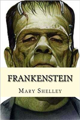 Frankenstein by Mary Shelley book cover with picture of green monster head