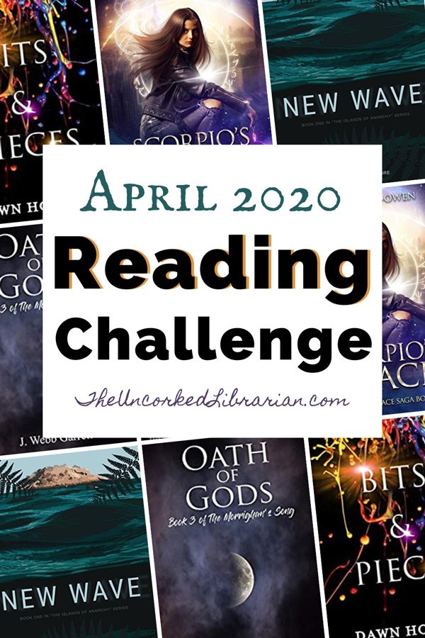 Indie April 2020 Book Discussion Reading Challenge Pinterest Pin with book covers including New Wave, Bits and Pieces, and Oath of Gods.
