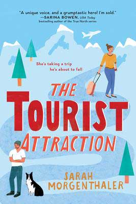 Book Set In Alaska, The Tourist Attraction Sarah Morgenthaler, book cover with man and his dog and a woman dragging a suitcase in Alaska