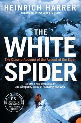 The White Spider by Heinrich Harrer book cover with man in orange clothes climbing a snow covered mountain