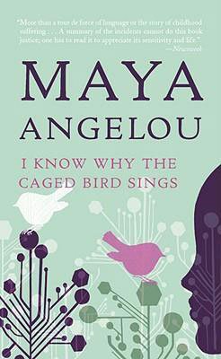 Book set in Arkansas, I Know Why The Cage Bird Sings by Maya Angelou, light green book cover with a pink bird, geometric plants, and a shadow of a half-face