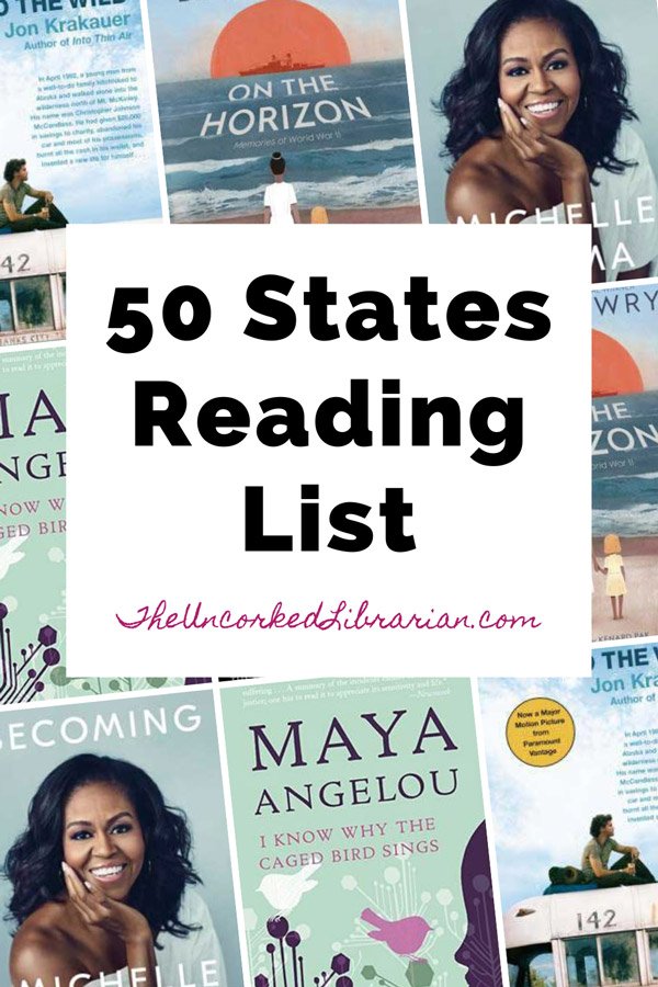 50 States Reading List Pinterest Pin with book covers for Becoming, On The Horizon, I Know Why The Caged Bird Sings, and Into The Wild