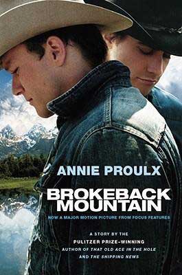 50 States Books Set In Wyoming, Brokeback Mountain by Annie Proulx, book cover with two men wearing cowboy hats with mountains behind them