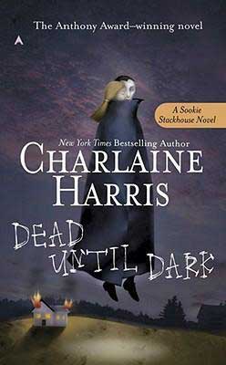 50 States Books Set in Louisiana, Dead Until Dark by Charlaine Harris, book cover with blonde woman flying over a burning home with a vampire