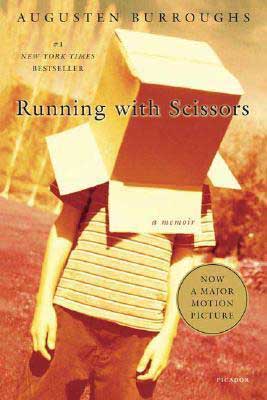 Running With Scissors by Augusten Burroughs book cover with young kid wearing a cardboard box over his head