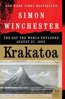 Krakatoa by Simon Winchester book cover with black and white picture of the volcano