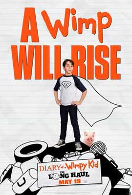 Diary of a Wimpy Kid The Long Haul Movie Poster with young boy wearing illustrated cape and standing on pile of common things like tire and racket with pink pig in background