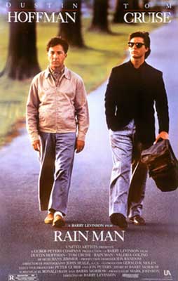 Rain Man movie poster with two guys in jeans walking down road and one is carrying a backpack