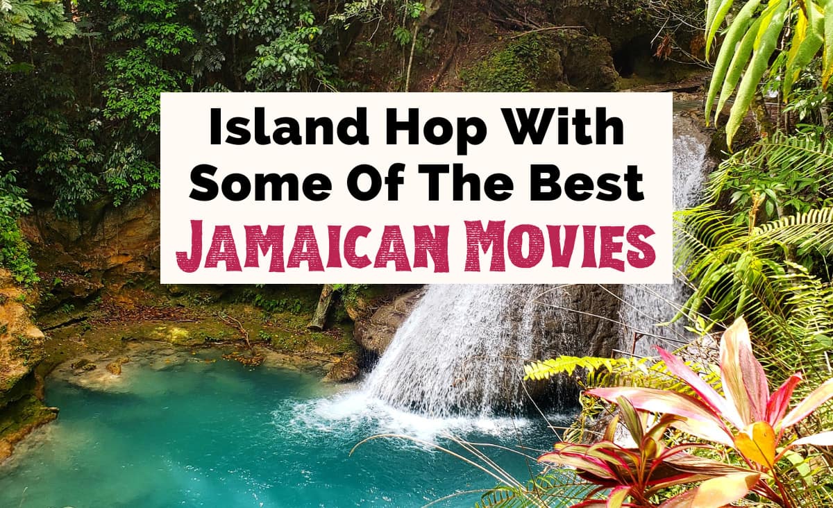 Island hop with some of the best Jamaican Movies with image of waterfall going into turquoise waters with green and pink plants