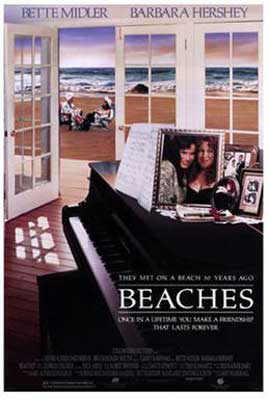 Beaches Movie Poster with picture frame of two people on top of piano and a house door open to an outside shore landcape 